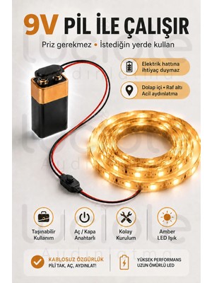 Luciole 3 Metre Amber 9V Pilli Anahtarlı Şerit LED Set Pil Dahil Prizsiz Yapışkanlı Dolap Raf Işığı