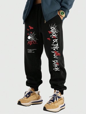 Tarzsokak Goth Guys Skull & Slogan Graphic Drawstring Waist Eşofman Altı