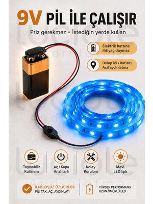 Luciole 2 Metre Mavi 9V Pilli Anahtarlı Şerit LED Set Pil Dahil Prizsiz Yapışkanlı Dolap Raf Işığı