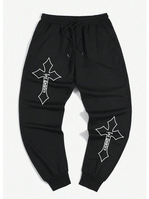 Tarzsokak Guys Cross Letter Graphic Drawstring Waist Eşofman Altı