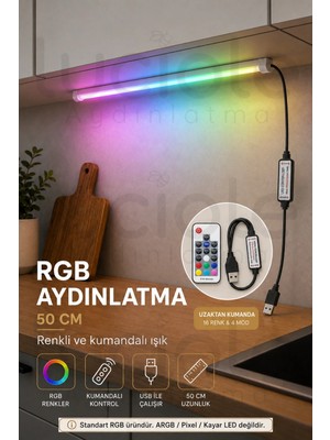 Luciole 50 cm Rgb LED Bar Rf Kumandalı USB Renk Değiştiren Yapışkanlı Gaming Masa Dolap Raf Aydınlatma