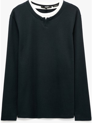 Koton Pamuklu Pike Kumaş Hakim Yaka Uzun Kollu Sweatshirt