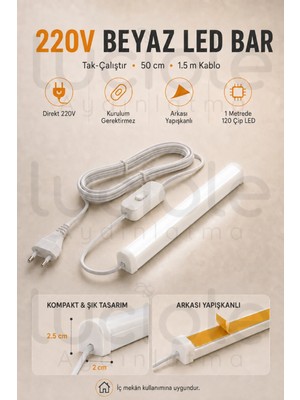 Luciole 220V Beyaz LED Bar 50 cm Fişli Anahtarlı Yapışkanlı Tezgah Altı Dolap Içi Aydınlatma