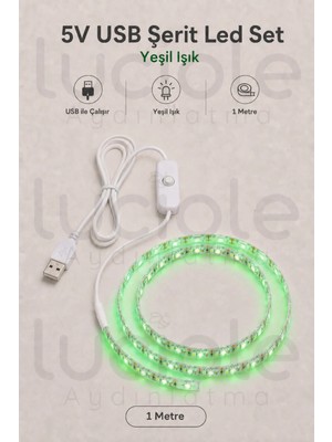 Luciole 1 Metre 5V USB Yeşil Şerit LED Aç Kapa Anahtarlı Gaming Tv Masa Raf Araç Dekoratif Işık