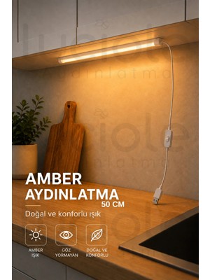 Luciole 50 cm Amber LED Bar USB 5V Anahtarlı Yapışkanlı Mutfak Dolap Altı Tezgah Raf Aydınlatma