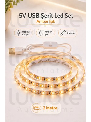 Luciole 2 Metre Amber USB Şerit LED 5V Aç Kapa Düğmeli Tv Arkası Mutfak Masa Powerbank Dekoratif LED