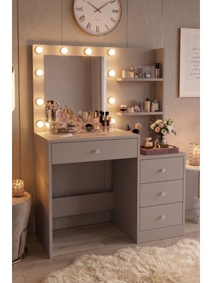 Robin Home Hollywood Makyaj Masası 4 Çekmeceli Düzenleyici Hollywood LED Işıklı Raflı Kumsal