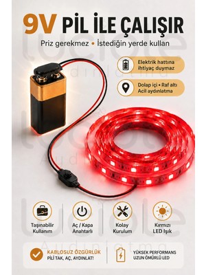 Luciole 1 Metre Kırmızı 9V Pilli Anahtarlı Şerit LED Set Pil Dahil Prizsiz Yapışkanlı Dolap Raf Işığı