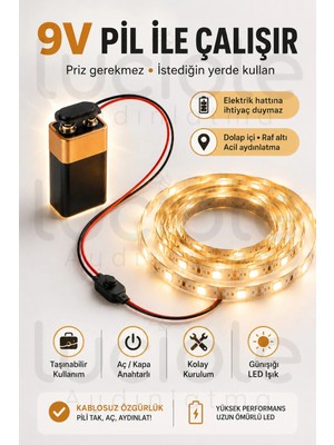 Luciole 2 Metre Günışığı 9V Pilli Anahtarlı Şerit LED Set Pil Dahil Prizsiz Yapışkanlı Raf Dolap Işığı