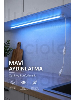 Luciole Mavi Işık 1 Metre USB Dolap Raf Aydınlatma Çubuğu Anahtarlı Yapışkanlı Tezgah Lambası