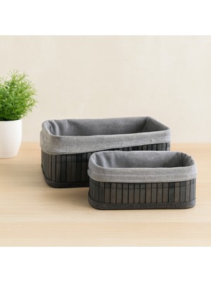 ALK Gri Bambu Kenarlı Dikdörtgen Organizer Sepet (25X14 / 28X18 Cm) - Ahşap Taban, Bezli