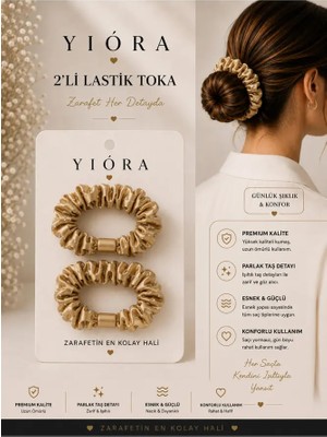 Yiora 2 Li Taşlı Saten Kumaş Taş Detaylı Lastik Toka Güçlü Tutuş Sağlar Saça Zarar Vermez, Kırmaz