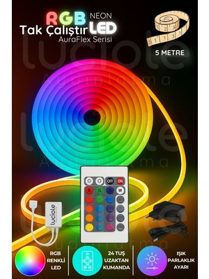 Luciole 5 Metre Rgb Neon LED Şerit | Auraflex Serisi | Kumandalı Esnek Tak-Çalıştır Renkli Aydınlatma