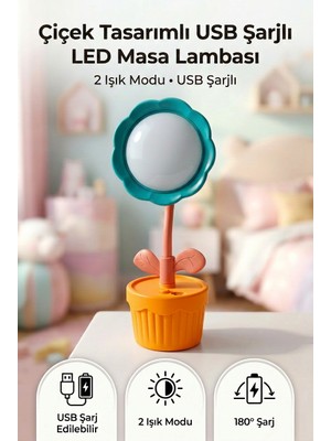 Saravita Çiçek Tasarımlı USB Şarjlı LED Masa Lambası 2 Işık Modlu Ayarlanabilir Gece Lambası