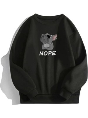 Tarzsokak Siyah Oversize Kapşonsuz 0 Yaka Bulldog Baskılı Pamuklu Sweatshirt