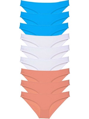 9 Adet Süper Eko Set Likralı Kadın Slip Külot Pudra Beyaz Mavi