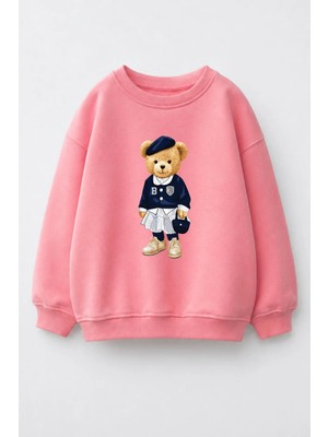 Monila Kız Çocuk 3 Iplik Kumaş Pamuklu Ayıcık Baskılı Sweatshirt