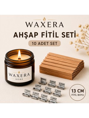 Waxera Home 13 cm Ahşap Fitil ve Metal Fitil Tutucu Seti – 10 Adet