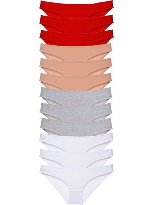 12 Adet Süper Eko Set Likralı Kadın Slip Külot Kırmızı Ten Gri Beyaz
