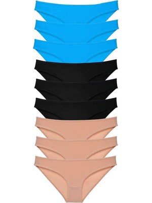 9 Adet Süper Eko Set Likralı Kadın Slip Külot Siyah Ten Mavi