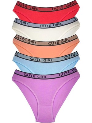 5 Adet Beli Yazılı Pamuklu Kalın Lastik Kadın Slip Külot