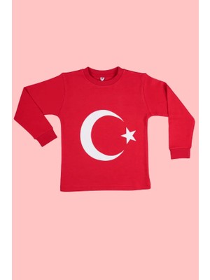 Beberium Çocuk Uzun Kollu Ay Yıldız Baskılı Tişört Kırmızı