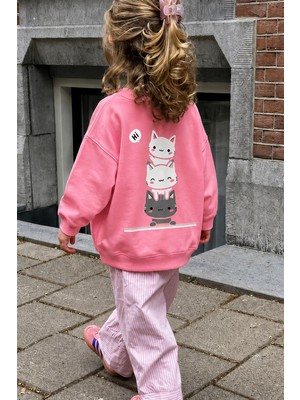 Monila Unisex Çocuk 3 Iplik Kumaş  Pamuklu Sırtı Kedi Baskılı Sweatshirt