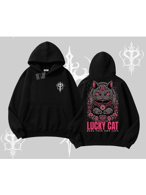 Tarzsokak Lucky Cat Japon Tarzı Kedi Baskılı Kapşonlu Sweatshirt