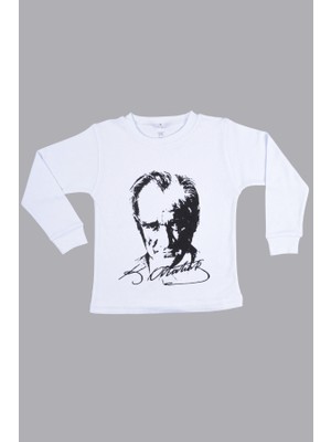 Beberium Çocuk Uzun Kollu Tişört Atatürk Baskılı Beyaz