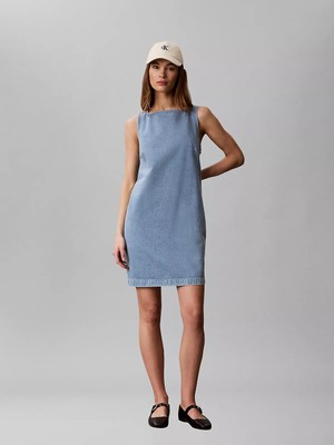 Calvin Klein Kadın Pamuklu Ince Denim Kumaş Sırtı Açık Mini Mavi Elbise LV047G730G-X2P