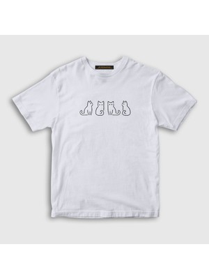 Presmono Unisex Çocuk Beyaz Four Cats Kedi T-Shirt