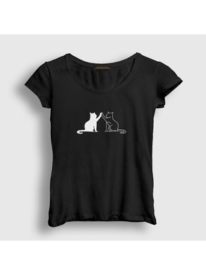 Presmono Kadın Siyah Black And White Cats Kedi T-Shirt