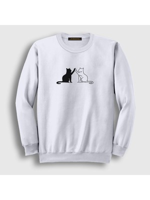 Presmono Unisex Beyaz Black And White Cats Kedi Sweatshirt