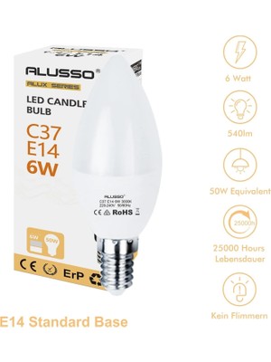 Mucize Alusso C37 E14 6W LED Mum Ampul - 50W Muadili Ince Duy Buji LED Ampul