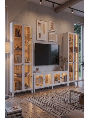 Robin Home Prime Temperli Cam Kapaklı Neon LED Işıklı Tv Ünitesi Tv Sehpası & LED Işıklı Büfe Vitrin Kitaplık Takımı Ahşap Ayaklı Sepet-Beyaz