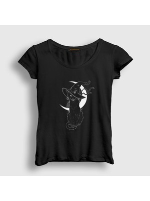 Presmono Kadın Siyah Halloween Cat Kedi T-Shirt