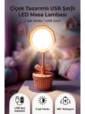 Saravita Çiçek Tasarımlı USB Şarjlı LED Masa Lambası 2 Işık Modlu Ayarlanabilir Gece Lambası