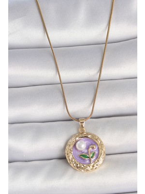 ALK 316L Çelik Gold Renk Zincir Mor Çiçek Işlemeli Inci Detay Potre Model Kadın Kolye