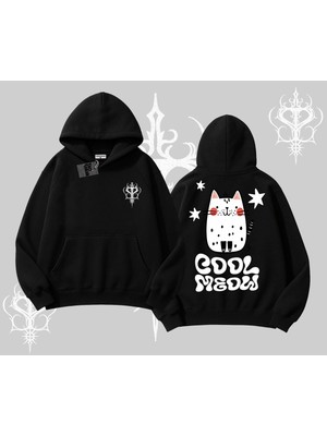 Tarzsokak Cool Meow Yazılı Sevimli Kedi Arka Baskılı Kapşonlu Sweatshirt