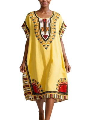 Ata Afrika Desenli Kaftan Elbise, Bol Kesim Dashiki Tunik Elbise, Günlük Etnik Desenli Kaftan Ev Elbisesi, Yazlık Rahat