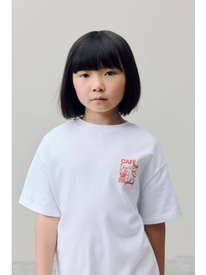 Noble Kids Kız Çocuk Kafe Temalı Sırt Baskılı Oversize Tişört Ekru