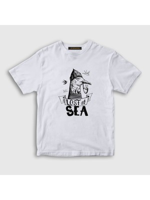 Presmono Unisex Çocuk Beyaz Lost At Sea Seagull Martı T-Shirt