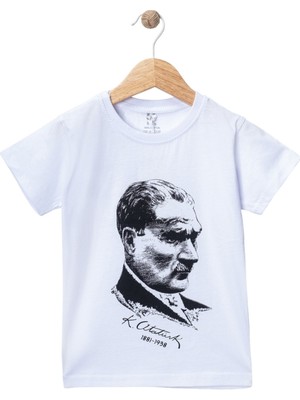 Beberium Çocuk Atatürk Baskılı Kısa Kollu Tişört Beyaz