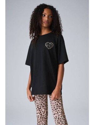 Noble Kids Kız Çocuk Leopar Kalp Baskılı Oversize Tişört Siyah