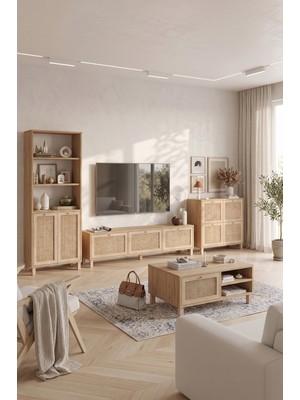 Robin Home Arizona Tv Ünitesi Orta Sehpa Konsol Kitaplık 4'lü Set Ahşap Ayaklı Gerçek Jüt Kapak Sepet-Jüt