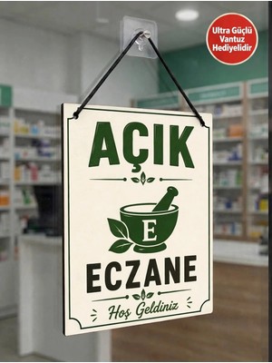 Eczane Açık Kapalı Tabelası Çift Taraflı Mdf 15X20CM - Ultra Güçlü Vantuz Hediyeli / Eczane Cam Kapı Askı Tabelası