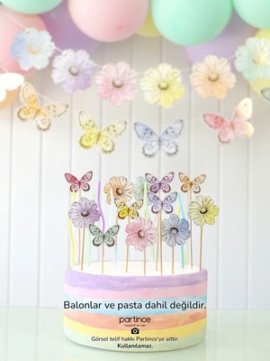 Partince Makaron Kelebek Çiçek Konsept 5 Parça Parti Süsleme Seti Renkli Doğum Günü Süsü Pasta Süsü