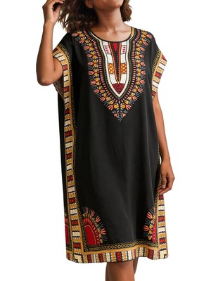 Ata Afrika Desenli Kaftan Elbise, Bol Kesim Dashiki Tunik Elbise, Günlük Etnik Desenli Kaftan Ev Elbisesi, Yazlık Rahat