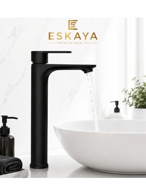 ESHOME Kare Çanak Lavabo Bataryası Mat Siyah – Yüksek Musluk Şelale Akışlı Kare Gövde Modern Uzun Banyo Musluğu