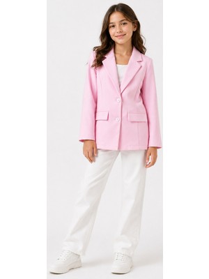 İrem Çocuk Giyim Kız Çocuk Pembe Blazer Ceket Klasik Yaka Çift Düğmeli Kapak Cep Modelli Şık Mevsimlik Ceket